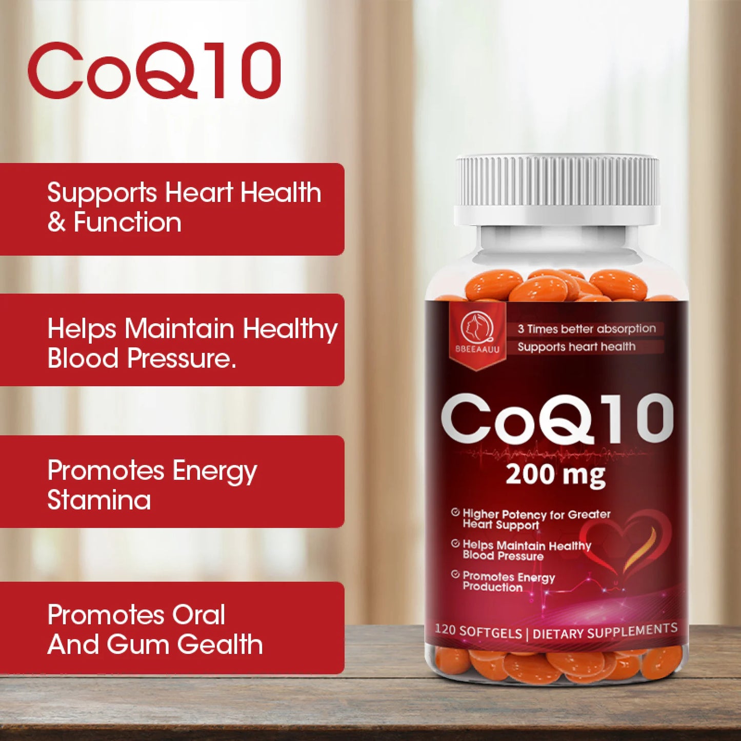 COQ10 Coenzyme Q10 200Mg Vegetarian Capsule Promotes Cardiovascular Health Heart Health - 120Ct